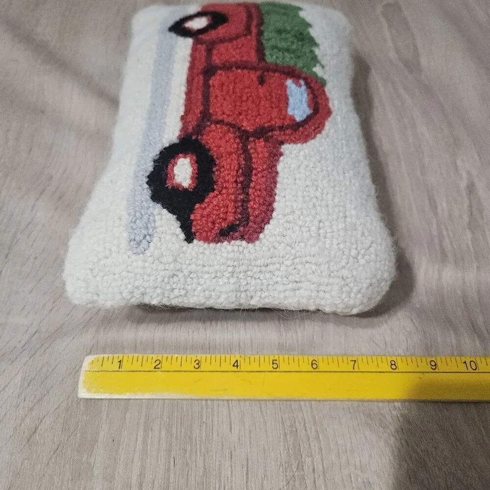 Little Red Truck Hooked Wool Throw Pillow Christmas Small Decorative 12x8in